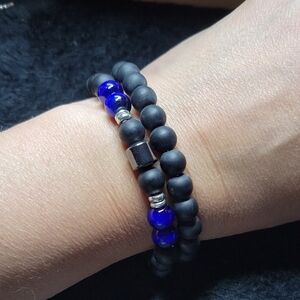 Mens Black and Lapis Lazuli Beaded Bracelet Set With Hemetite Bead